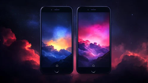 Twin phones framing a dreamy cosmic sunset skyscape.
