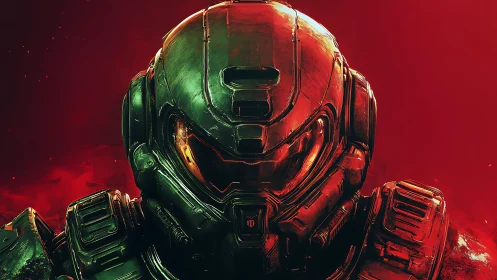 Armored sci fi soldier helmet under infernal red glow.