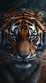 Tiger face fills frame with forward gaze and sharp detail