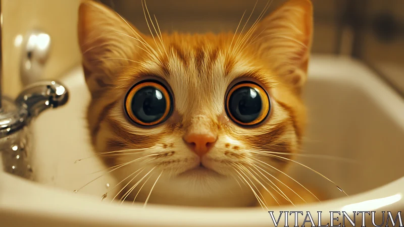 Cat with Striking Orange Eyes in Bathroom Sink.