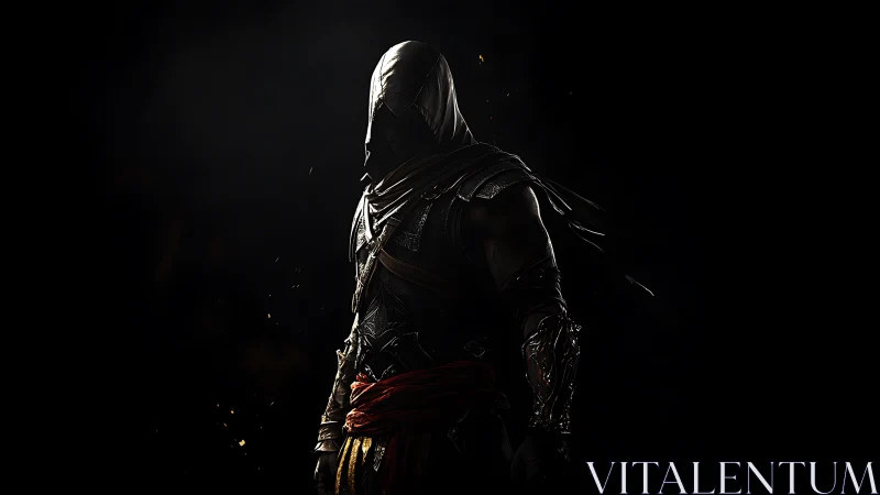Hooded rogue emerges from darkness in dramatic game art