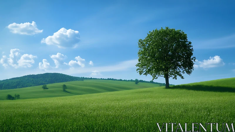 Isolated deciduous tree on parametrically rolling green terrain.