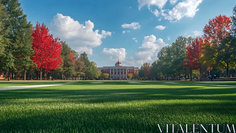 Photorealistic campus lawn vista with axial classical hall.