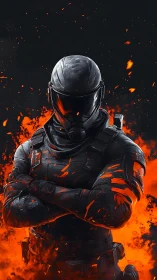 Fearless armored guardian standing in blazing orange fire.