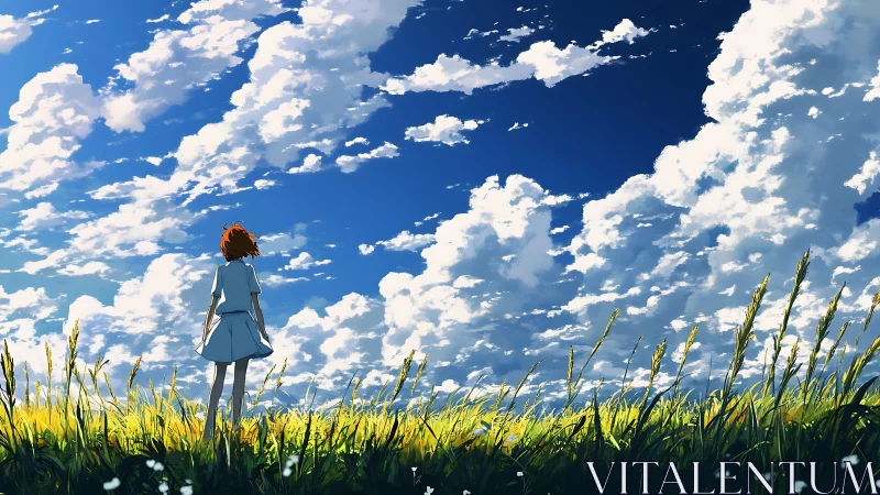 Girl in blue dress watches drifting clouds over bright field