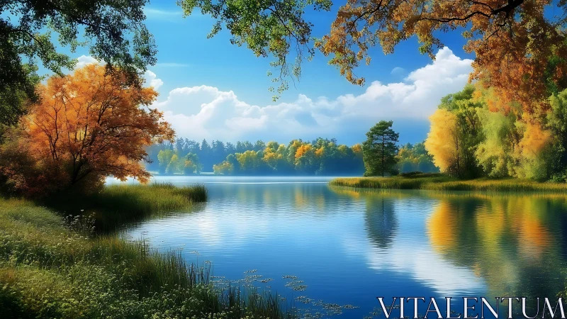 Peaceful autumn lake reflecting bright trees and blue sky.