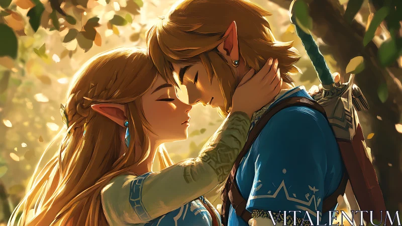 Digital Portraiture: Golden-Hour Animated Romance Under Forest Canopy.