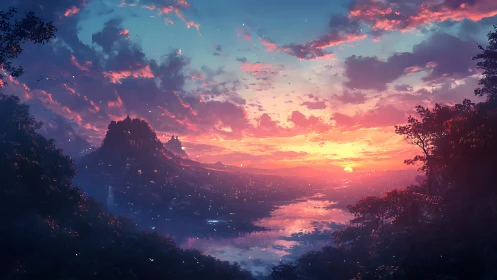 Mountain valley city under vibrant multicolored sunset sky.