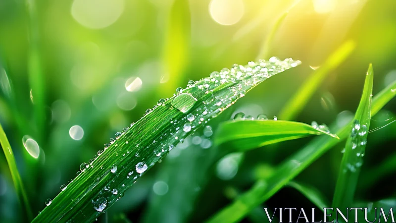 Close-up macro view of wet grass blades with dew droplets.