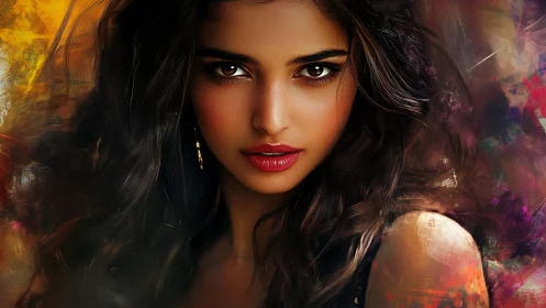 Intense female portrait framed by fiery abstract color fields.