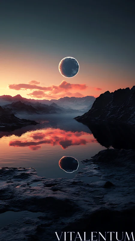 Exoplanet moonrise over reflective alpine lake at dusk
