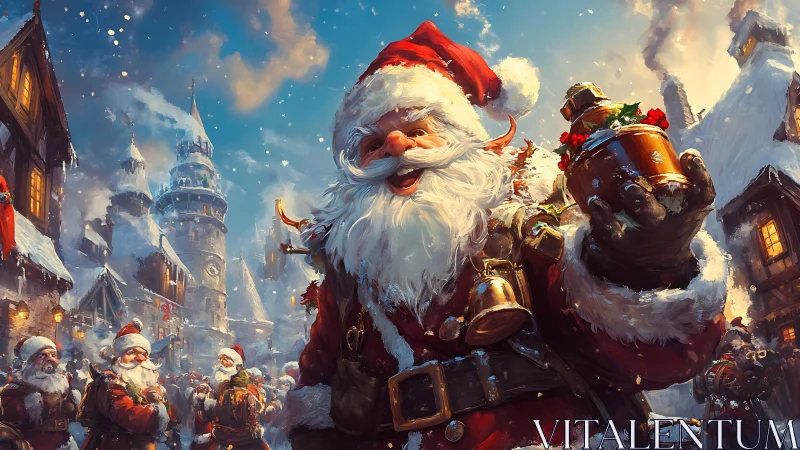 Jolly Santa celebrates Christmas in a cozy snowy village.