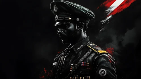 Officer in decorated uniform stands in dramatic side profile