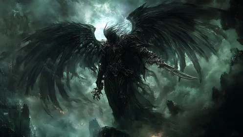 Winged abyssal entity dominates storm-torn, monochrome void