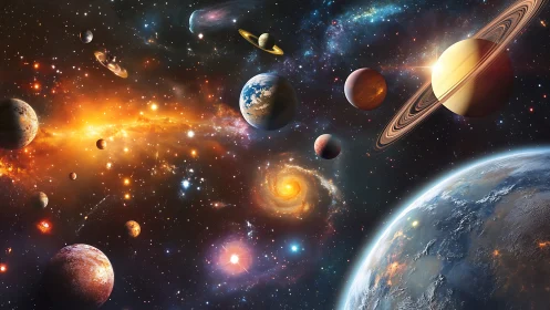 Multiple stylized planets are distributed across a dense starfield