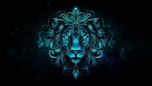 Luminous neon lion head glows against deep cosmic void