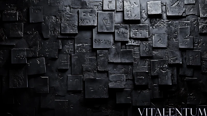 Textured black relief wall with layered geometric panels.