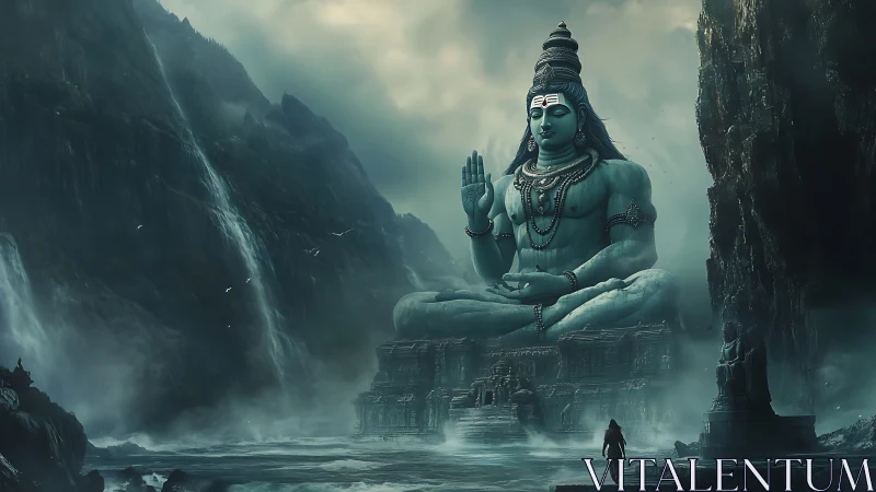 Serene mountain deity watching over misty waterfalls and cliffs.