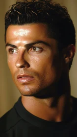 High-contrast male portrait with directional key light and glossy skin