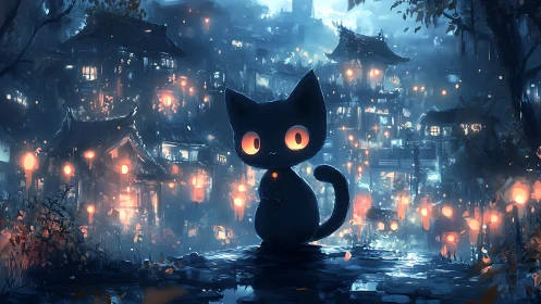 Nocturnal black cat in lantern lit fantasy mountain town.