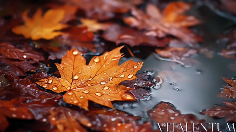 Autumn maple leaf drifts on rain-soaked, reflective water