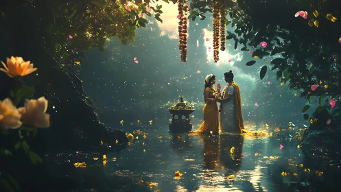 Mythic river courtship under volumetric forest light bloom.