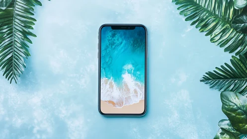 Smartphone with turquoise beach ocean wallpaper display surrounded by palm fronds