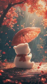White teddy bear under red umbrella in autumn rain scene.