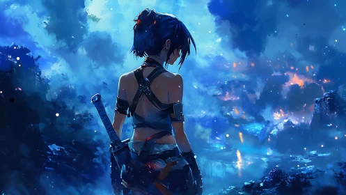 Backlit cyber-ronin surveying volatile neon stormscape.