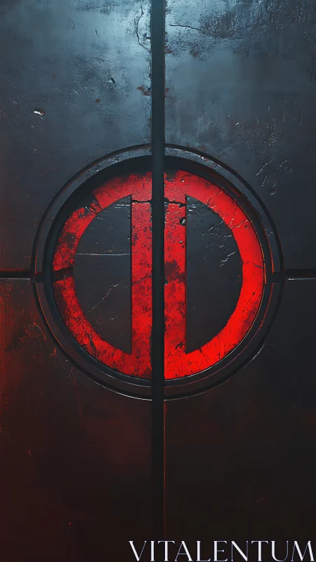 Weathered red emblem on industrial steel panels at night.