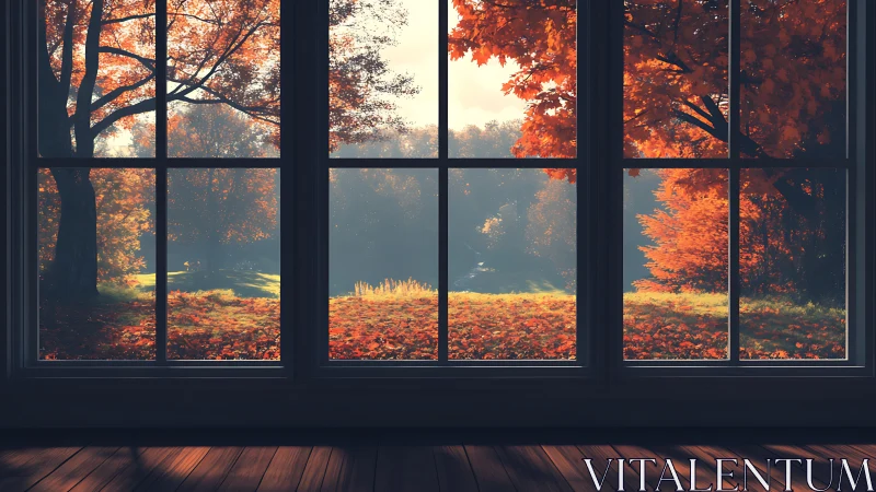Interior window framing sunlit autumn park with vivid foliage