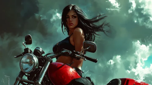 Woman on red motorcycle under dramatic cloudy sky.