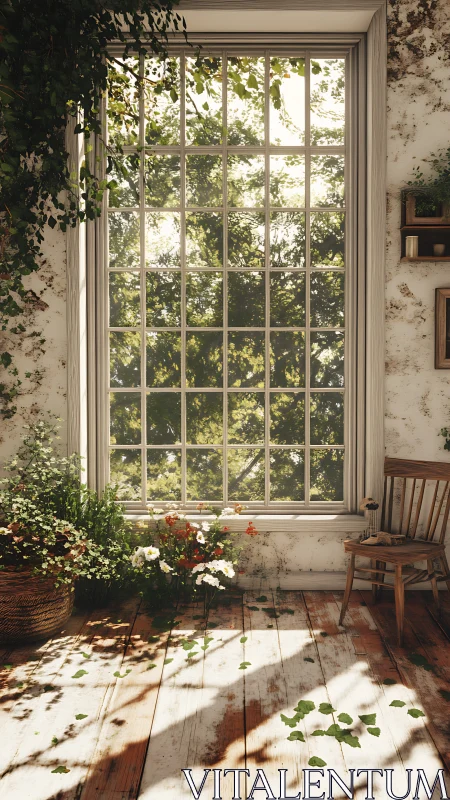 Sun-soaked garden window where leaflight drifts indoors.
