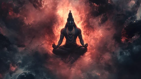 Luminescent meditating deity framed by radial inferno plume