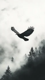Solitary black eagle glides above mist-shrouded forest.