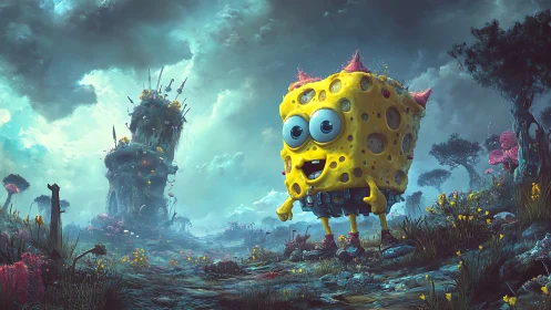 Mutated sponge creature exploring eerie alien meadowscape.