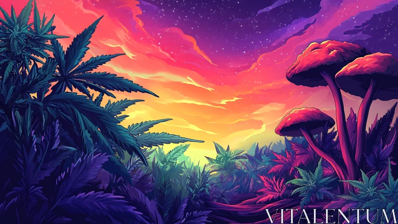 Psychedelic jungle scene shows sunset sky over giant mushrooms