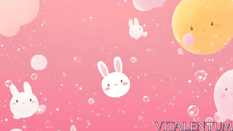 Floating pastel bunny characters drift through pink bubbles.