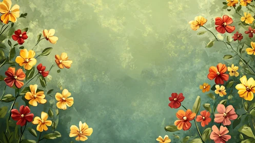 Colorful Cosmos of Blooms Against Sage Textured Background