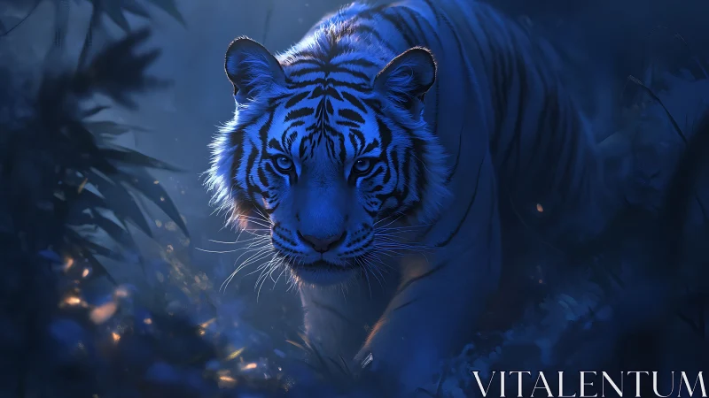 Moonlit sapphire tiger stalking through enchanted shadows.