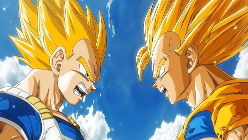 Symmetrical anime duel showcasing mirrored Super Saiyan profiles