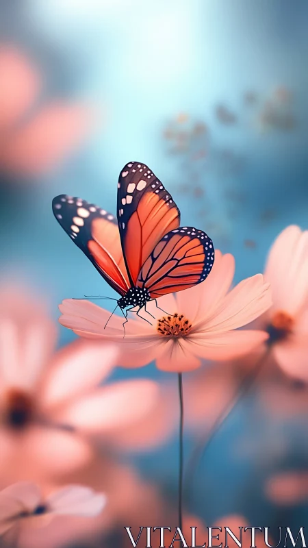 Butterfly rests on pastel blossom in dreamy spring light