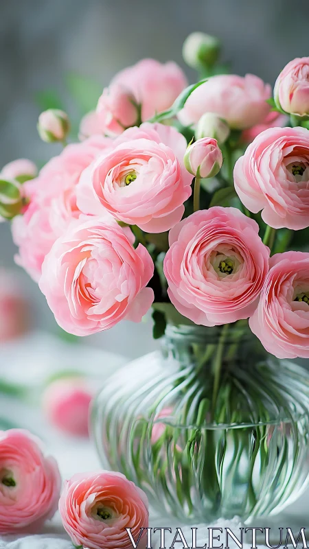 Pink ranunculus flowers displayed in clear glass vase with buds.