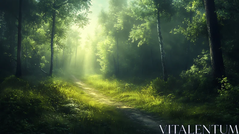 Sunlit forest path with lush greenery in a dreamy, natural style.