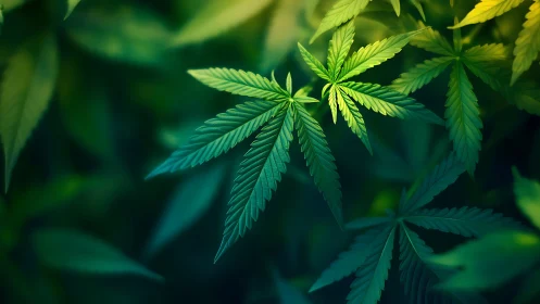 Cannabis leaves overlap under soft green filtered light