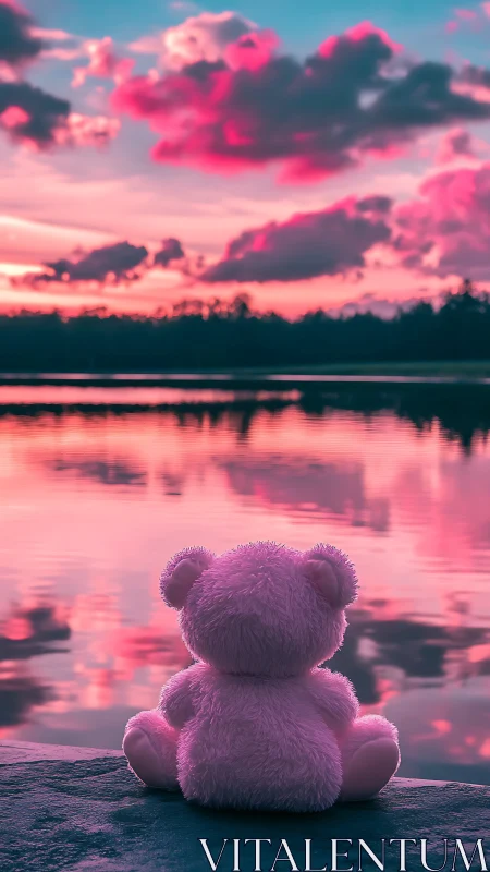 Soft pink teddy watching a dreamy cotton candy sunset.