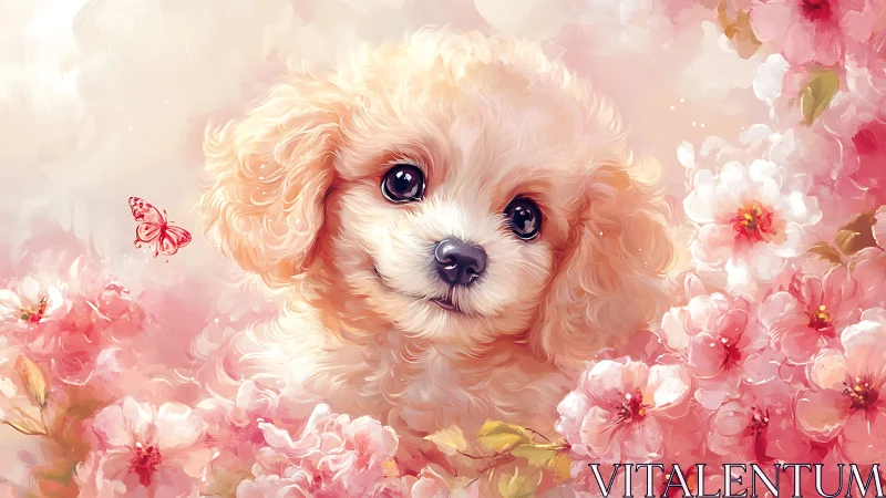 Fluffy cream puppy framed by luminous pink blossoms.