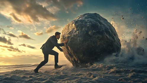 Man pushing massive boulder at sunset on beach sand.