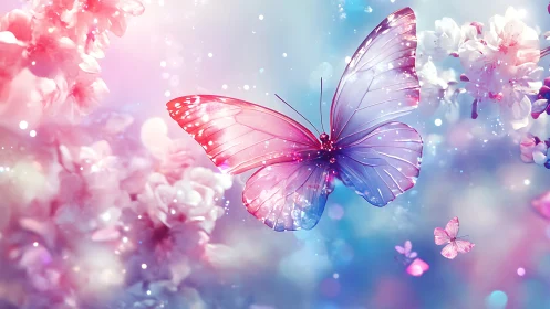 Dreamy pink and lilac butterfly drifting through blossoms.