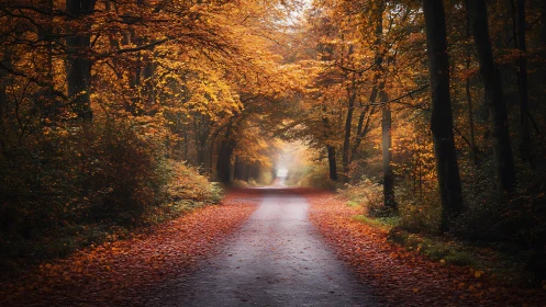 Autumn Forest Path with Golden Canopy Light.